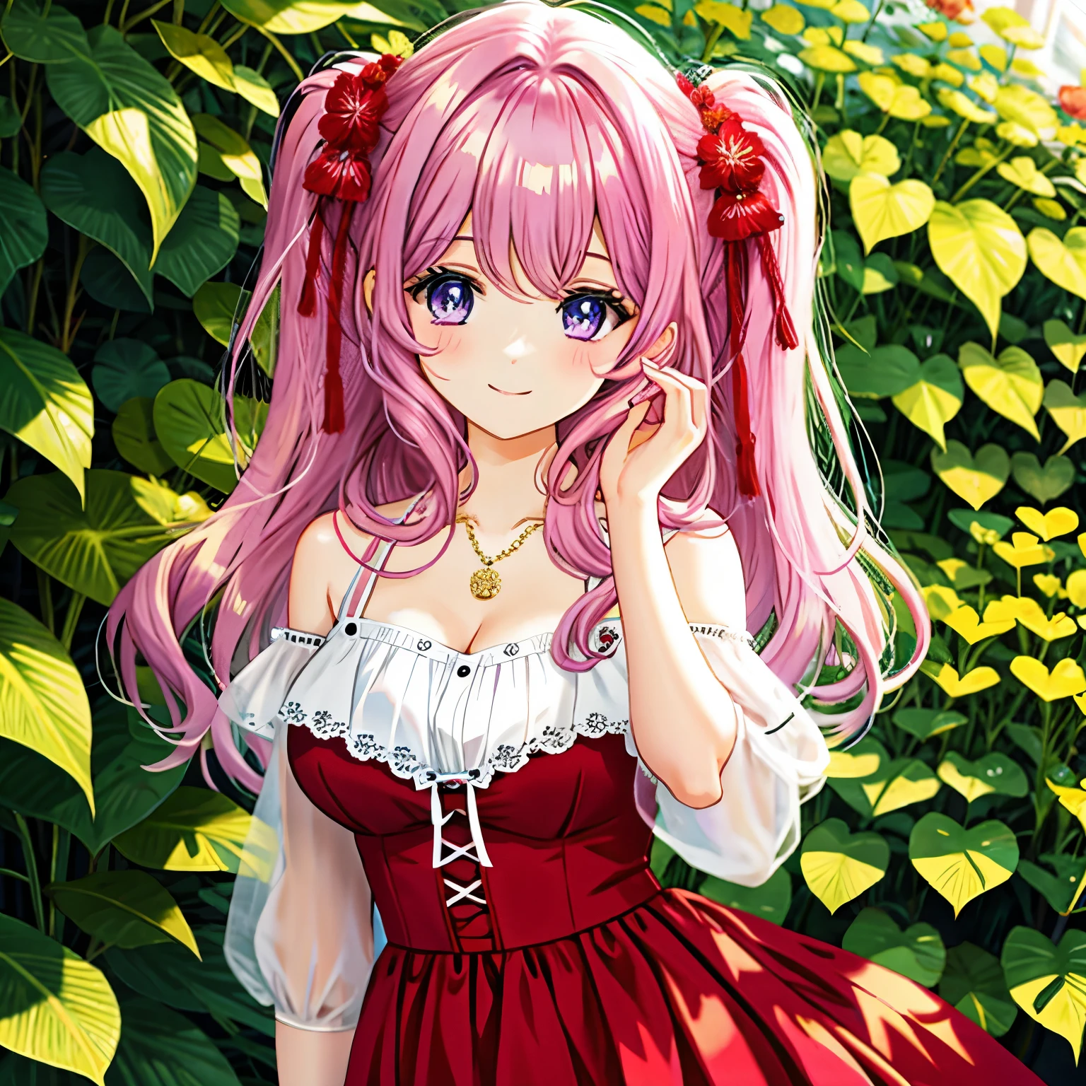 Illustration Enhancement: **masterpiece**, **best quality**, **ultra-detailed**, BREAK, **ultra high resolution**, BREAK, **Top Quality photorealistic Illustration**, BREAK, **ultra Definition**, BREAK, **cute illustration**:1.3, BREAK, **high Saturation**:1.2, BREAK, **detailed beautiful face and eyes**, BREAK, **extremely delicate and beautiful**, BREAK, **nice hands**, **perfect hands**, BREAK, **appropriate posture**, BREAK, **appropriate configuration**, BREAK, **ideal ratio body proportions**
Theme: **peace and tranquility**, BREAK, **devoted partner**, BREAK, **compatible companion**
Number of Characters: 1 (**ultra-ultimate beautiful woman**), BREAK
Facial Details: **expression of kindness and intelligence**, BREAK, **light purple eyes**
Movement Details: **gentle gesture signaling peace**, BREAK
Emotions and Expressions: **warm smile**, BREAK, **eyes filled with kindness**
Perspective: **frontal view**, BREAK, **angle that evokes a sense of closeness**
Composition: **central placement of the subject**, BREAK, **surrounded by natural beauty**
Background Details: **garden blooming with light purple and wine red flowers**, BREAK
Costume Details: **wine red elegant dress**, BREAK, **light purple accessories**
Body Type: **well-proportioned**, BREAK, **feminine curves**
Hair Style and Color: **light purple long hair**, BREAK, **natural waves**
Accessories: **gold dolphin pendant symbolizing peace**, BREAK
Light and Shadow: **soft sunlight**, BREAK, **gentle shadows on the outfit and face**
Color Scheme: **light purple**, BREAK, **wine red**, BREAK, **gold**, BREAK, **blue**, BREAK, **green**, BREAK, **light blue**, BREAK, **yellow**, BREAK, **silver**, BREAK, **deep red**, BREAK, **pink**, BREAK, **dark brown**, BREAK, **light purple**
Illustration Size: 768×768, BREAK
Illustration Mood: **calm**, BREAK, **providing comfort to the viewer**
Worldview: **a fantasy world with attention to beauty and detail**, BREAK, **different from reality**
Style: **photorealisti