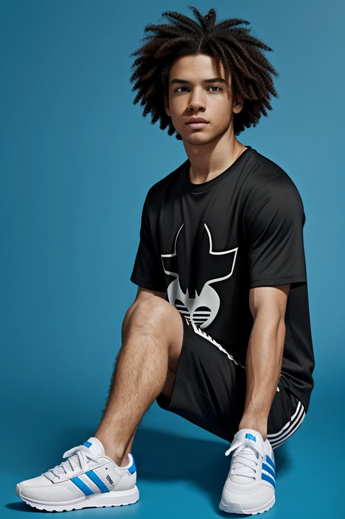 A Pixar-style image of a white boy with curly hair, Brown eyes, batman t-shirt, short negro, Adidas sneakers with a blue background