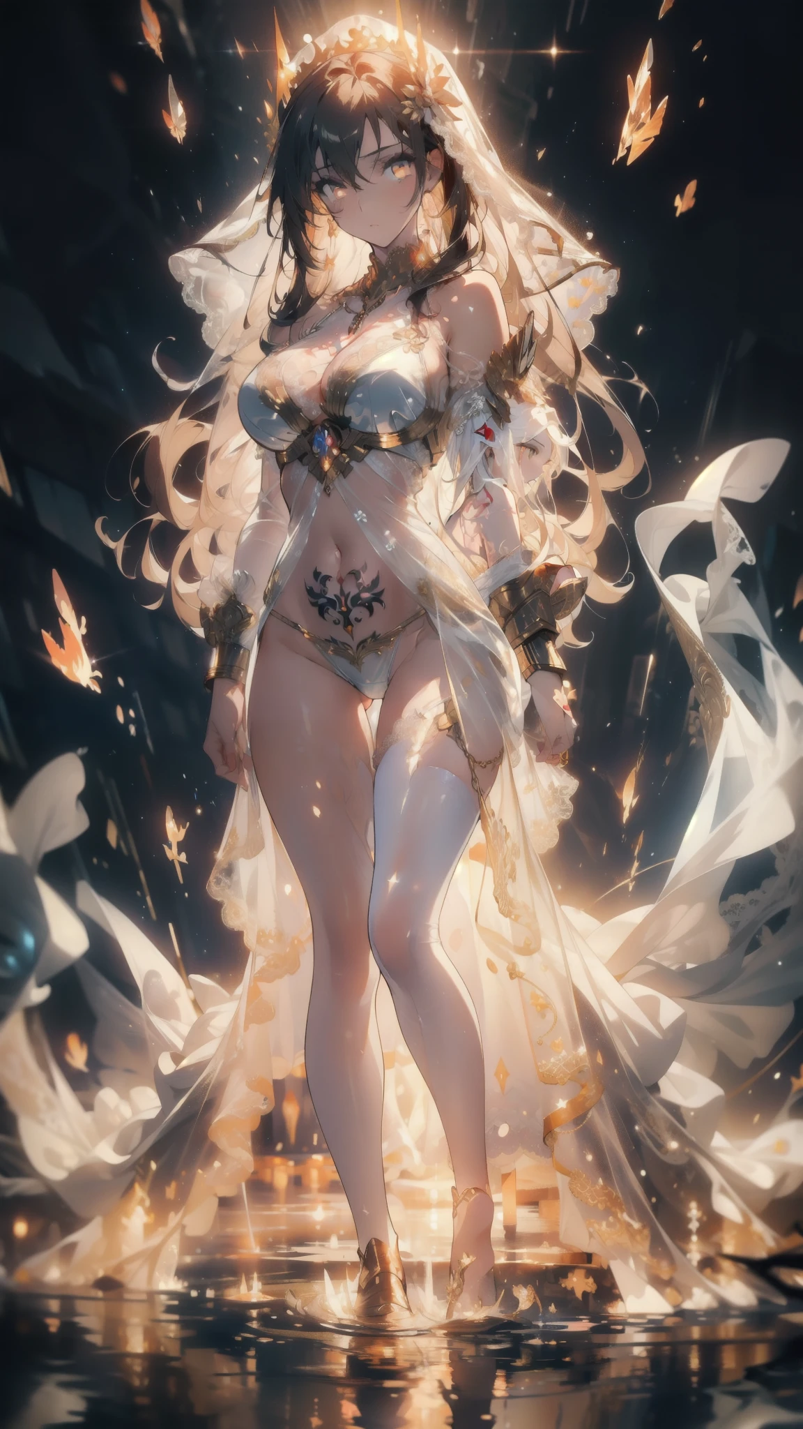 ((masterpiece, best quality)), Epic battlefield atmosphere，Delicate face，bride，whole body，Standing picture，glowing golden eyes，Large Breasts，Gradient white long wavy hair，Perfect body proportions，Pure white background，Rose，firefly，Water Ripples，Lace，Transparent sex bikini，Tattoo，chain