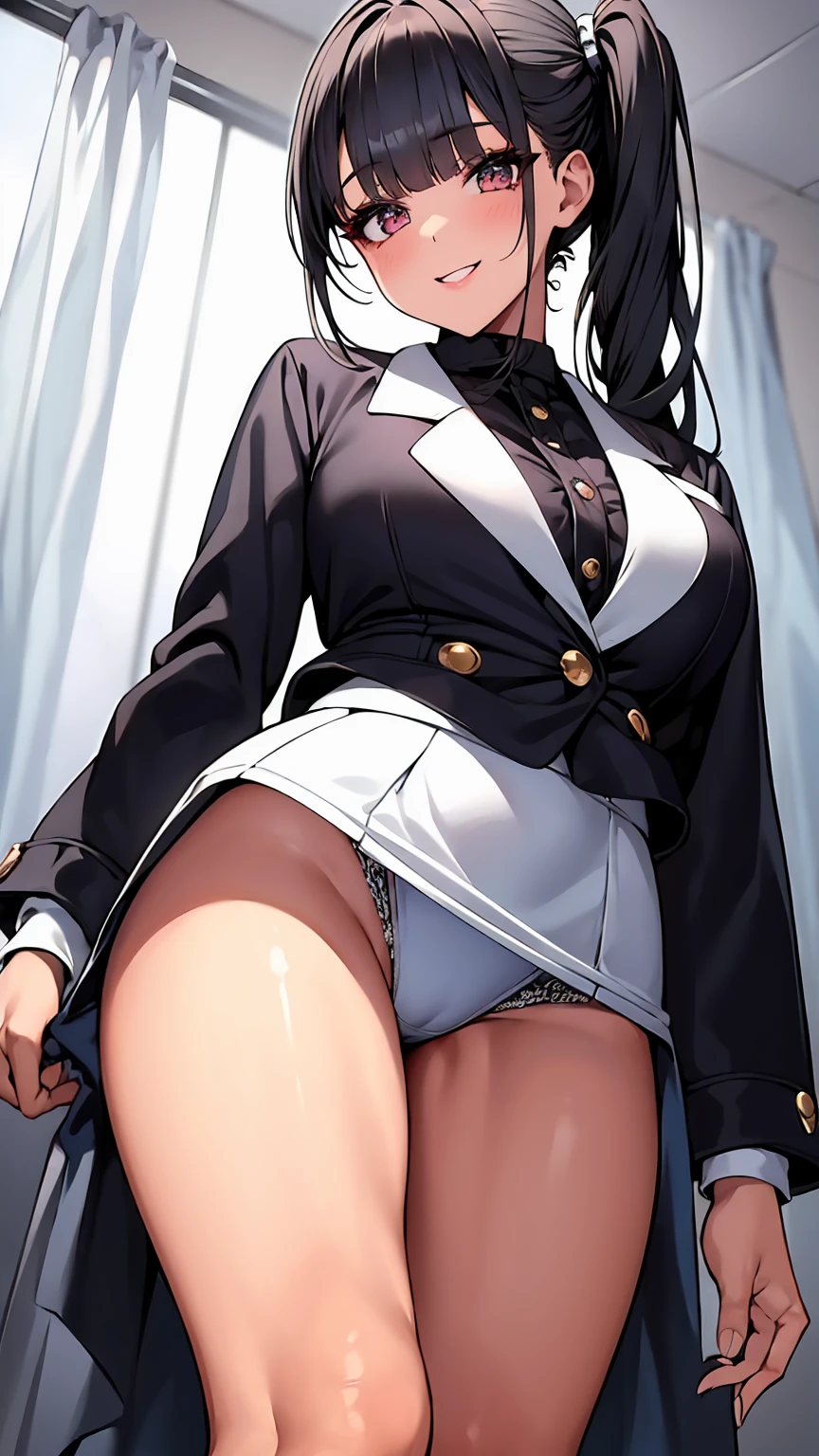 One Girl, Five Fingers, mini skirt, Looking down at the viewer、Dark eyeshadow、Galメイク, Blonde、Side Ponytail、Gal、Brown Skin, Highest quality, Focus on the thighs, Dynamic pose, smile, blazer, blouse, barefoot, Standing Split, classroom, Black Hair, Stylish pose,My thighs and groin are steamy 、Luxurious pure white panties