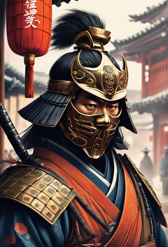 A Japanese warrior ronin with magnificent mask in portrait, the atmosphere is heavy and sad. It's very detailed and in the atmosphere of the old quarter of the time