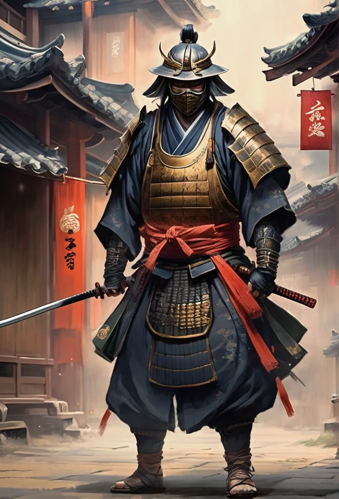 A Japanese warrior ronin with magnificent mask in portrait, the atmosphere is heavy and sad. It's very detailed and in the atmosphere of the old quarter of the time