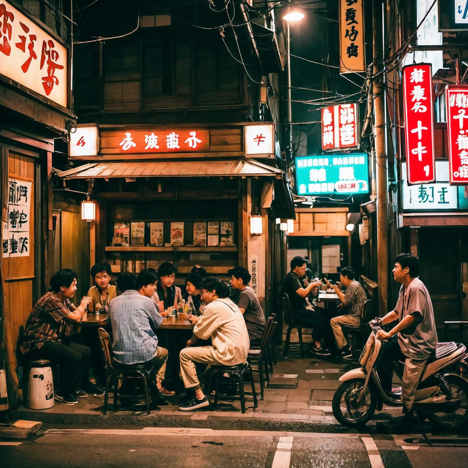 (masterpiece: 1.2, highest quality), snap shot, Japan's poor neighborhoods, Good old Japanese townscape、Poor conditions, (Dirty middle-aged man、Men gathering at a bar)、Dirty and old store、Showa Retro、Playing with friends on the street、Have fun eating and drinking with friends,
