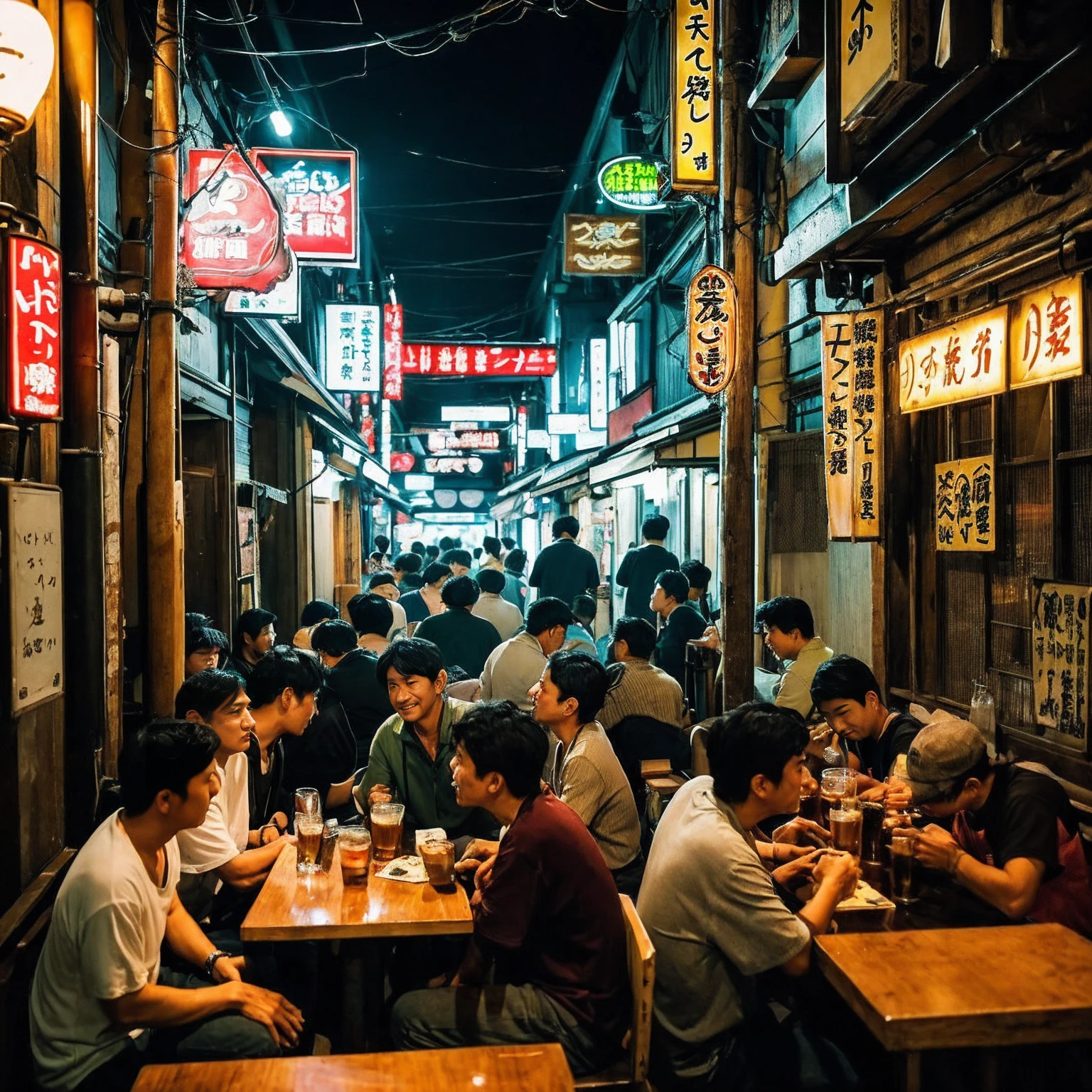 (masterpiece: 1.2, highest quality), snap shot, Japan's poor neighborhoods, Good old Japanese townscape、Poor conditions, (Dirty middle-aged man、Men gathering at a bar)、Dirty and old store、Showa Retro、Playing with friends on the street、Have fun eating and drinking with friends,