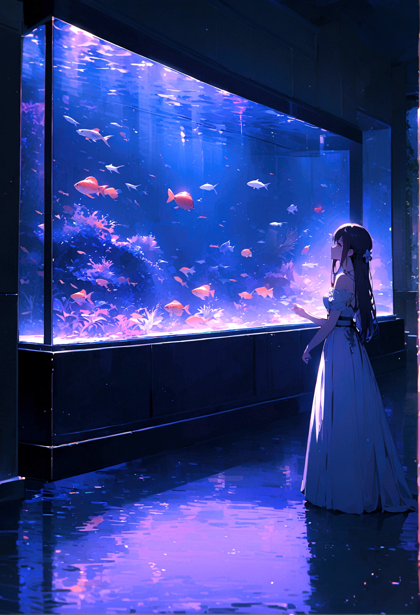 aquarium、A girl standing in front of a huge aquarium、Large single glass aquarium、Dimly lit interior、Quiet atmosphere、Girl looking up at a fish tank、