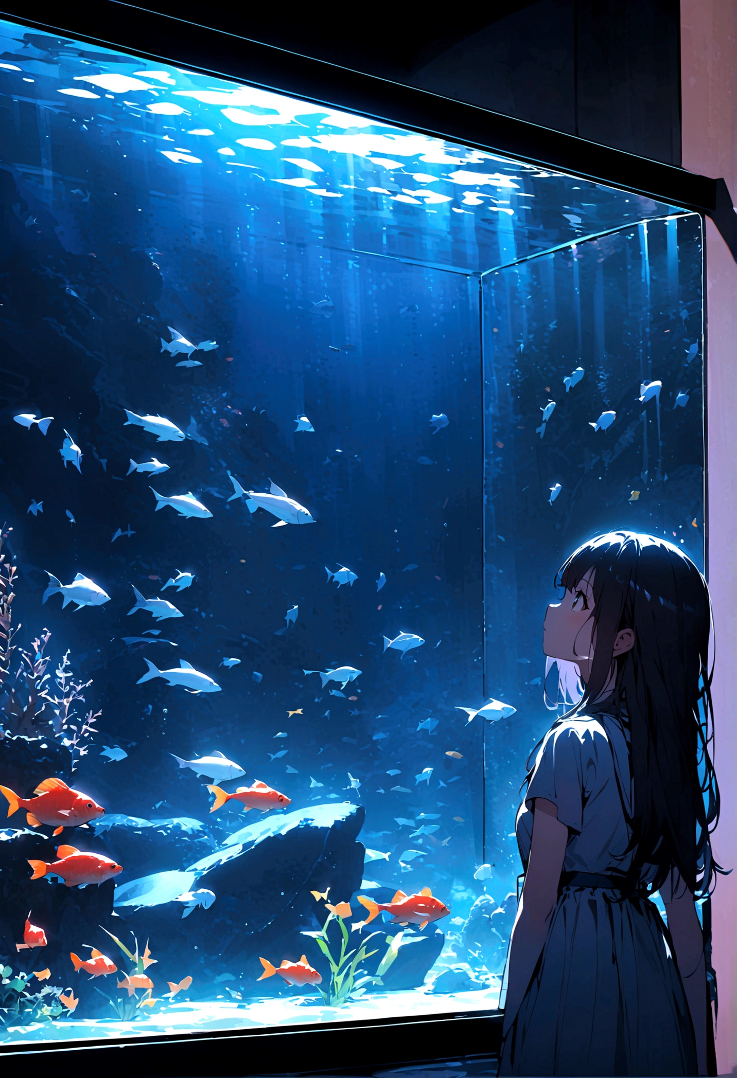 aquarium、A girl standing in front of a huge aquarium、Large single glass aquarium、Dimly lit interior、Quiet atmosphere、Girl looking up at a fish tank、