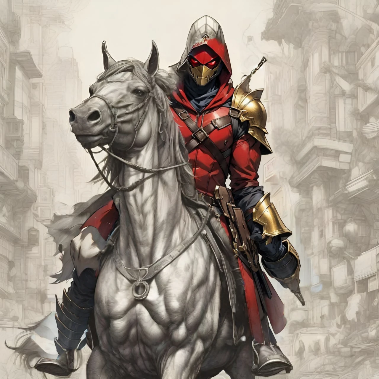 golden armor, red hood