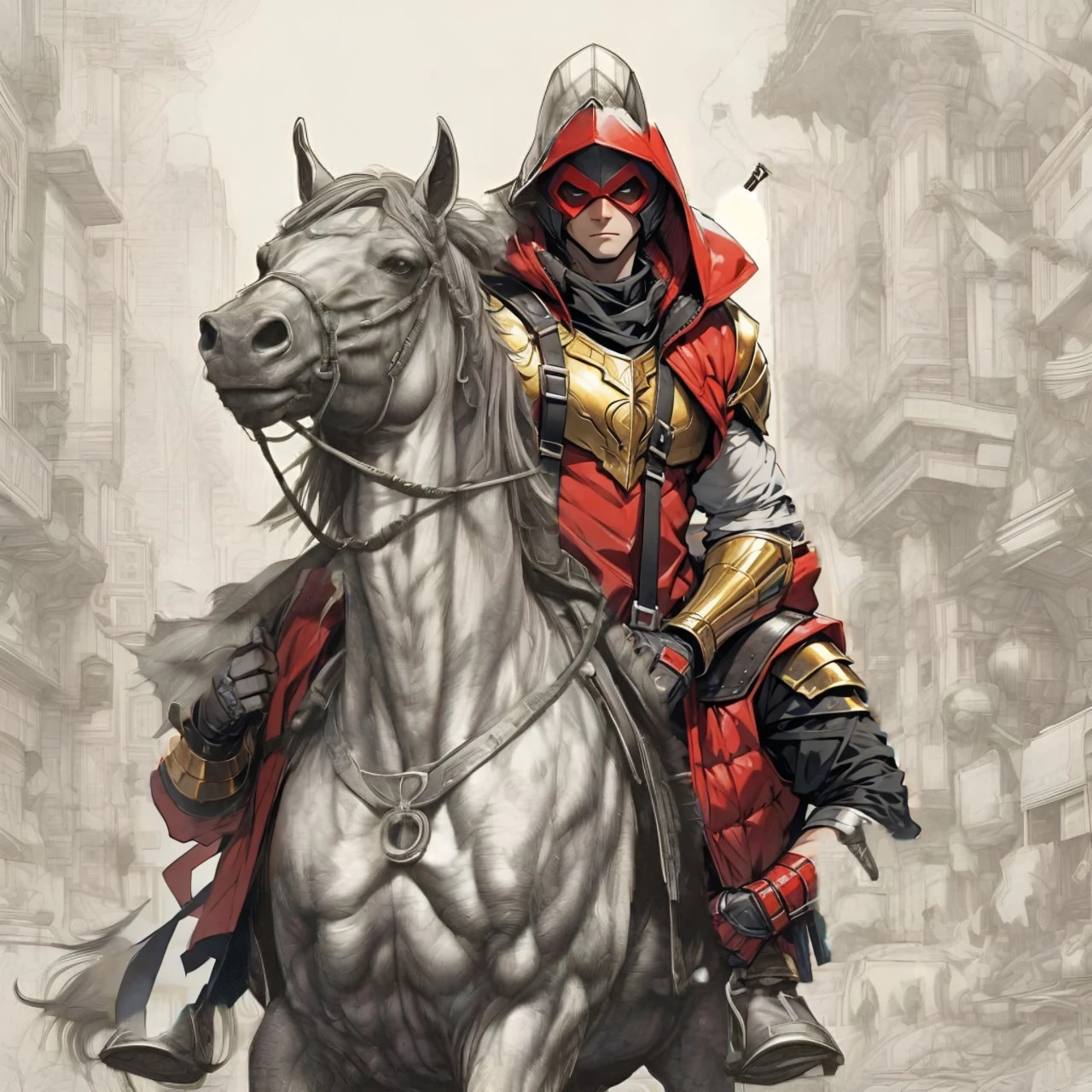 golden armor, red hood