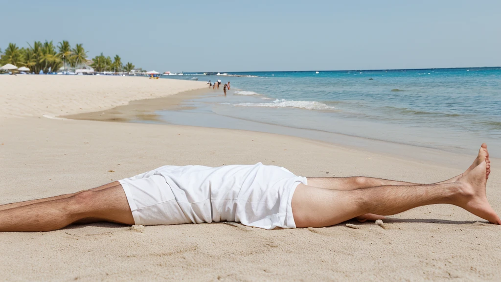 A European lies on the beach by the sea. He is wearing light shorts and a white shirt with rolled up sleeves. On his head is a straw-colored Panama hat. He lies on the sand with his feet towards the water. One of his legs is bent, and the second one is thrown over it. There's a laptop on his stomach, on which it works, freelancer. Several palm trees grow on the beach, and mountains are visible in the distance. There is a beautiful sunset on the horizon, coloring the sky bright, Warm colors.