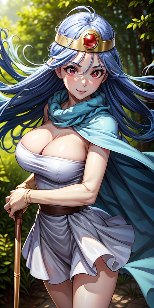 masterpiece, best quality, 4k, 8k, dq, upper body, face focus, close-up, 1girl, blue hair, white dress, red eyes, circlet, orange lipstick, cleavage, smile, happy, depth, depth of field, outdoor, nature, petals, wind, beautiful, hd, perfect lighting, detailed face, detailed body, masterpiece, best quality, intricate details, 8k uhd, perfect face, perfect eyes, standing, holding staff,  looking at viewer, from above, 