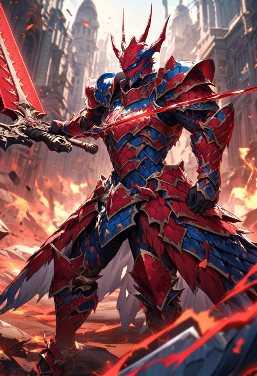 extremely detailed human warrior wearing red and blue plate armor made of scales wielding a greatsword made of the same red and blue scales