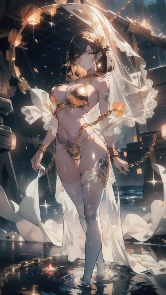 ((masterpiece, best quality)), Epic battlefield atmosphere,Delicate face,bride,whole body,Standing picture,glowing golden eyes,Large Breasts,Perfect body proportions,Pure white background,Rose,firefly,Water Ripples,Lace,Transparent sex bikini,Tattoo,chain