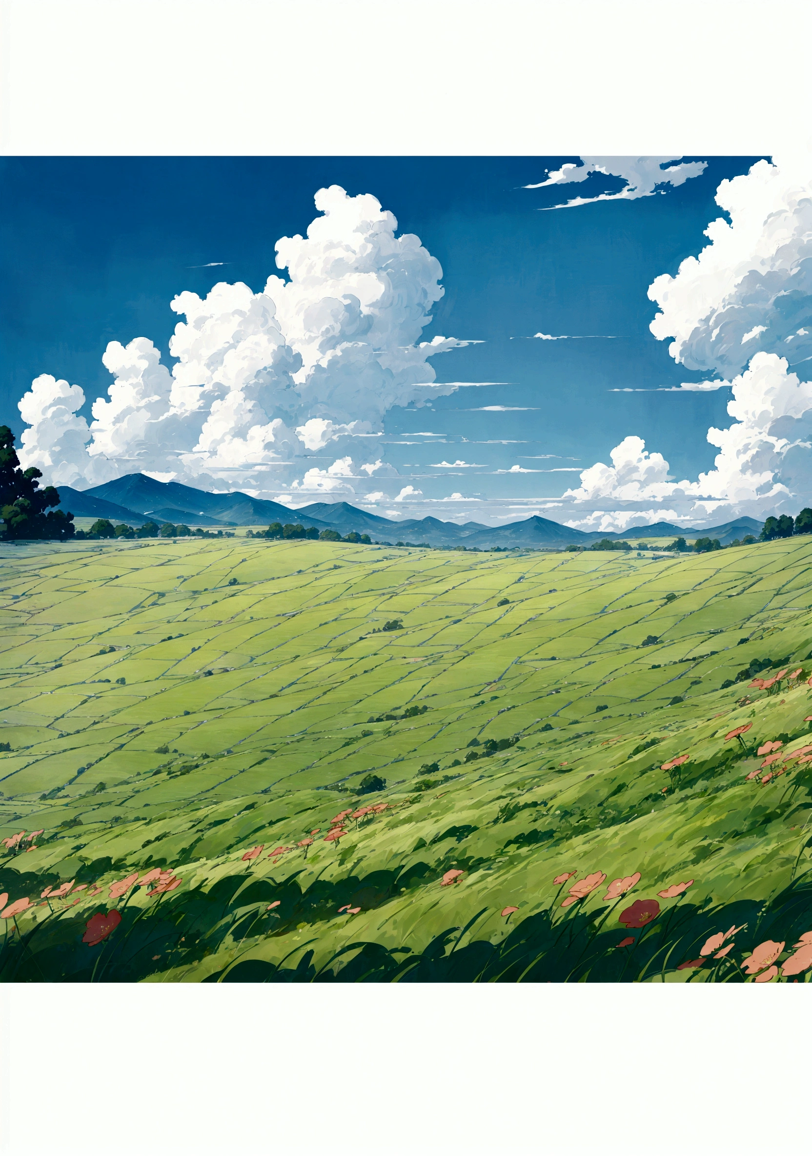 Cartoon illustration of a field with flowers and mountains in the background, Anime Background, anime background technology, Anime rural scenery, Anime Landscape, Anime Landscape, background technology, Grassland background, Detailed scenery —width 672, Anime Nature wallpap, Anime Nature, beautiful Anime Landscape, Flower Field, Rice field background, Anime Landscape wallpaper, Landscape background, Landscape Artwork