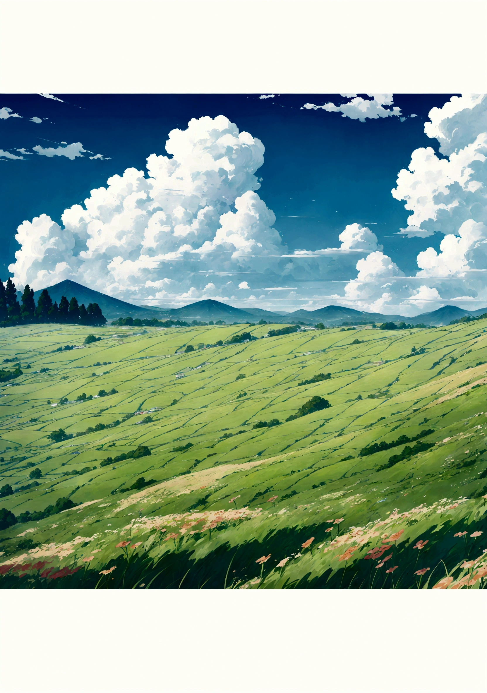 Cartoon illustration of a field with flowers and mountains in the background, Anime Background, anime background technology, Anime rural scenery, Anime Landscape, Anime Landscape, background technology, Grassland background, Detailed scenery —width 672, Anime Nature wallpap, Anime Nature, beautiful Anime Landscape, Flower Field, Rice field background, Anime Landscape wallpaper, Landscape background, Landscape Artwork