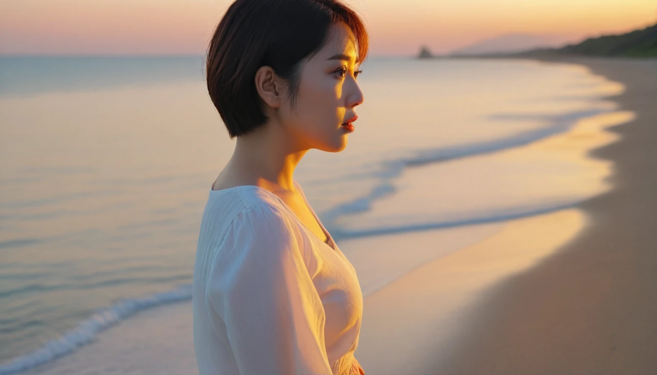 K Realistic, living photos, Realistic appearance of nature, , Side view looking out to sea on the beach at sunset. Close-up beautiful woman look , Asian woman wearing a light skirt, burning sunset light, short medium hair, 1 woman, beautiful eyes, Thin lips with a sad expression, uhd