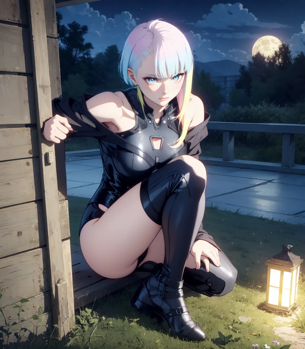 Masterpiece, best quality, 16k resolution, NVIDIA RTX Ray Tracing technology, Create a 4K resolution, ultra-realistic, and extremely detailed artwork, award winning, retina, soft light, sharp focus.(hyper-realistic:1.4), (full body:1.5), (Night, night time:1.4), from above
cyberpunklucy, lucy, short hair, bangs, blue eyes, blue hair, multicolored hair, makeup, (multicolored eyes:1.3), smile, model pose, modeling, squating
BREAK bare hips, bodysuit, leotard, monowire, off shoulder, off-shoulder open clothes, MIDRIFF
BREAK outdoors, city, moon, night, sky, clouds,
sexy, Sexy, smooth perfect skin, smooth_skin
Beautiful、(red blush)、Sexy
FULL BODY SHOT, ultra wide angle, textured skin, face detail, clean skin, perfect hands, perfect anatomy, anatomically correct,
(Realistic park:1.3)
