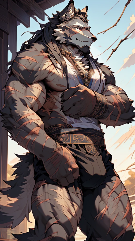 (masterpiece),(highres),(intricate details:1.4),extremely detailed,(illustration:1.2),8k,photorealistic,exquisite,,aged,elder male wolf,muscular,(general:1.7),,manhood,warrior,(black fur:1.3),long hair,long beard,(numerous scars:1.7),(badly damaged:1.7),(bulging crotch:1.8),(homosexual),(a serene face:1.9)