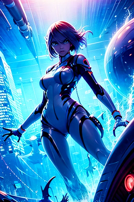 score_9, score_8_up, score_7_up, score_6_up, score_5_up, score_4_up, 1girl, A shark girl navigating a bustling, underwater city at night. She has a sleek, aquatic aesthetic with a streamlined shark tail and dark skin tight suit. Her hair is cut short, colored in shades of blue. The cityscape behind her is filled with towering skyscrapers, 1950 advertisements, and bathyspheres. She looks confident and determined, ready to take on any challenges the urban jungle throws at her. Highly detailed, vibrant colors, 1950's elements, dynamic lighting.