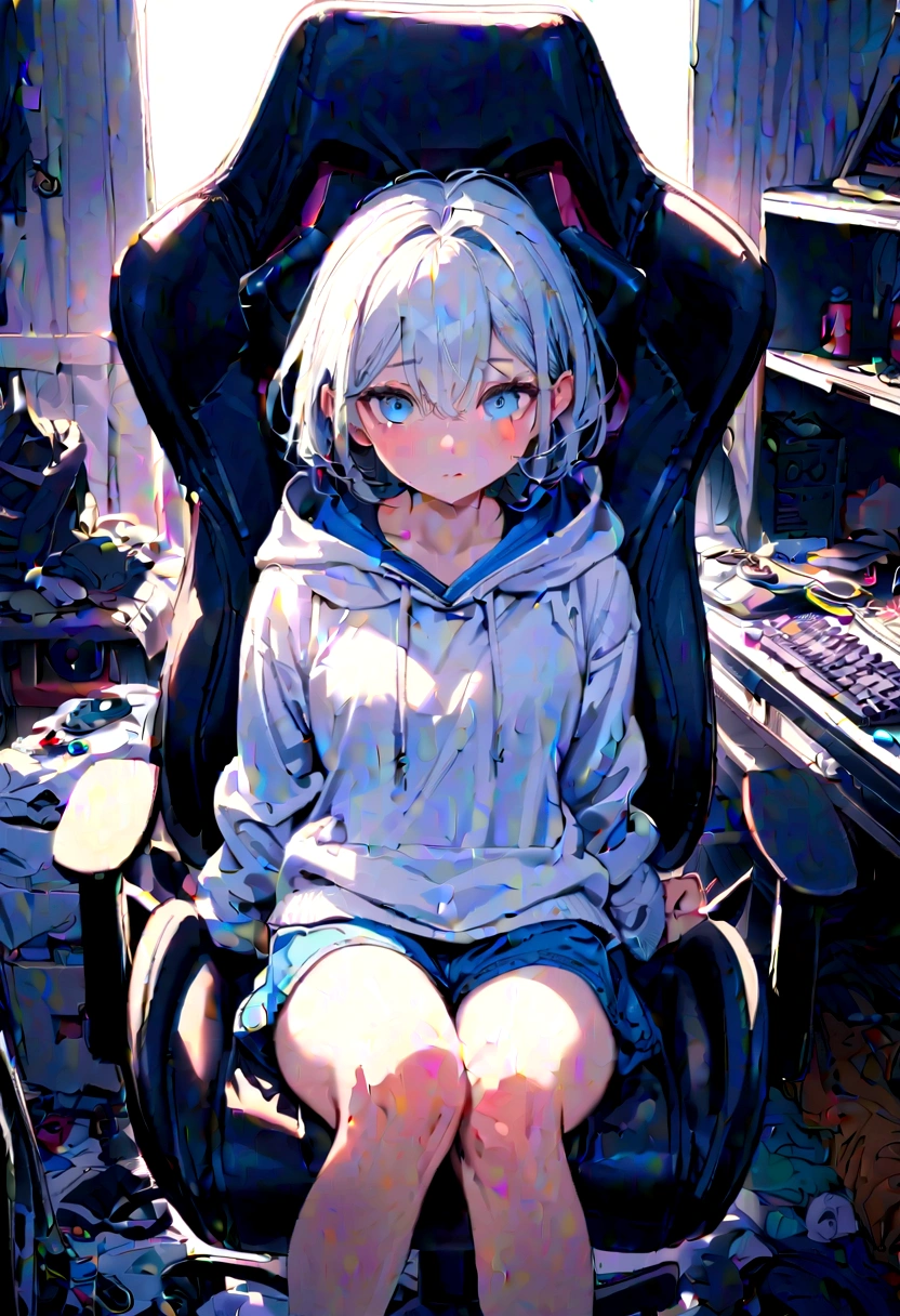 ,Cropped white hooded sweatshirt, short hair, blue eyes , sitting in a gaming chair, Messy room with clothes