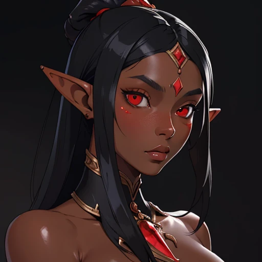(masterpiece), (best quality),(portrait),(bust up),1girl,solo,(sharp focus),(look at viewer),gloosy skin,elf, black skin,black hair,(elf lady) ,red eyes, (ancient:1),ancient luxurious long clothes,old school fantasy art,((simple background)),super shiny face,Ultra Glossy Skin