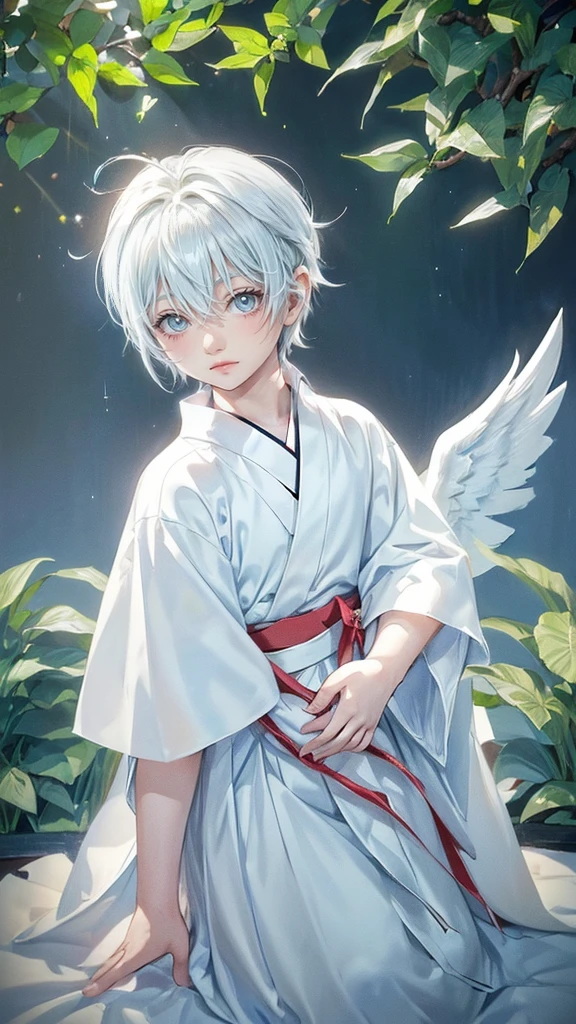 ((4K works))、​masterpiece、(top-quality)、One beautiful boy、angel wings on his back, Slim body、tall、((White japanese YUKATA))、(Detailed beautiful eyes)、Lush trees and serene fountains that finely depict the landscape of the garden's sanctuary、((Short-haired white hair))、((Smaller face))、((Neutral face))、((Bright blue eyes))、((Like a celebrity))、((Crying expression))、((sad look))、((Korean Makeup))、((elongated and sharp eyes))、((Happy dating))、((boyish))、((Upper body photography))、Professional Photos、((Shot alone))、((He is looking up at the sky under the roof))、((Shot from the side))、((Face crying in pain))、((He is looking upwards))、((His eyes are looking down))、
(Young:1.4), (Child:1.4), (Shota:1.4), (male:1.4), (boy:1.4), (divine:1.4), (divine clothes:1.4)
