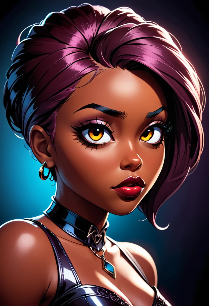 A brown-skin goth girl,beautiful detailed hazel eyes,beautiful detailed lips,extremely detailed eyes and face,long eyelashes,melancholy expression,comic book style,chiaroscuro lighting,dark moody atmosphere,dramatic shadows,high contrast,vivid colors,cinematic framing,8k,masterpiece