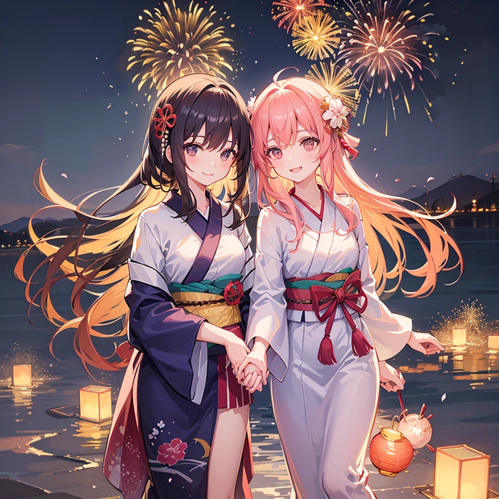 One_Couple,Lovely,smile,smile,romantic,atmosphere,landscape,Girl wearing a yukata,Holding hands,Beautiful fireworks in the night sky,Lots of fireworks,summer祭り,summer,Festivals,youth,Heart-pounding