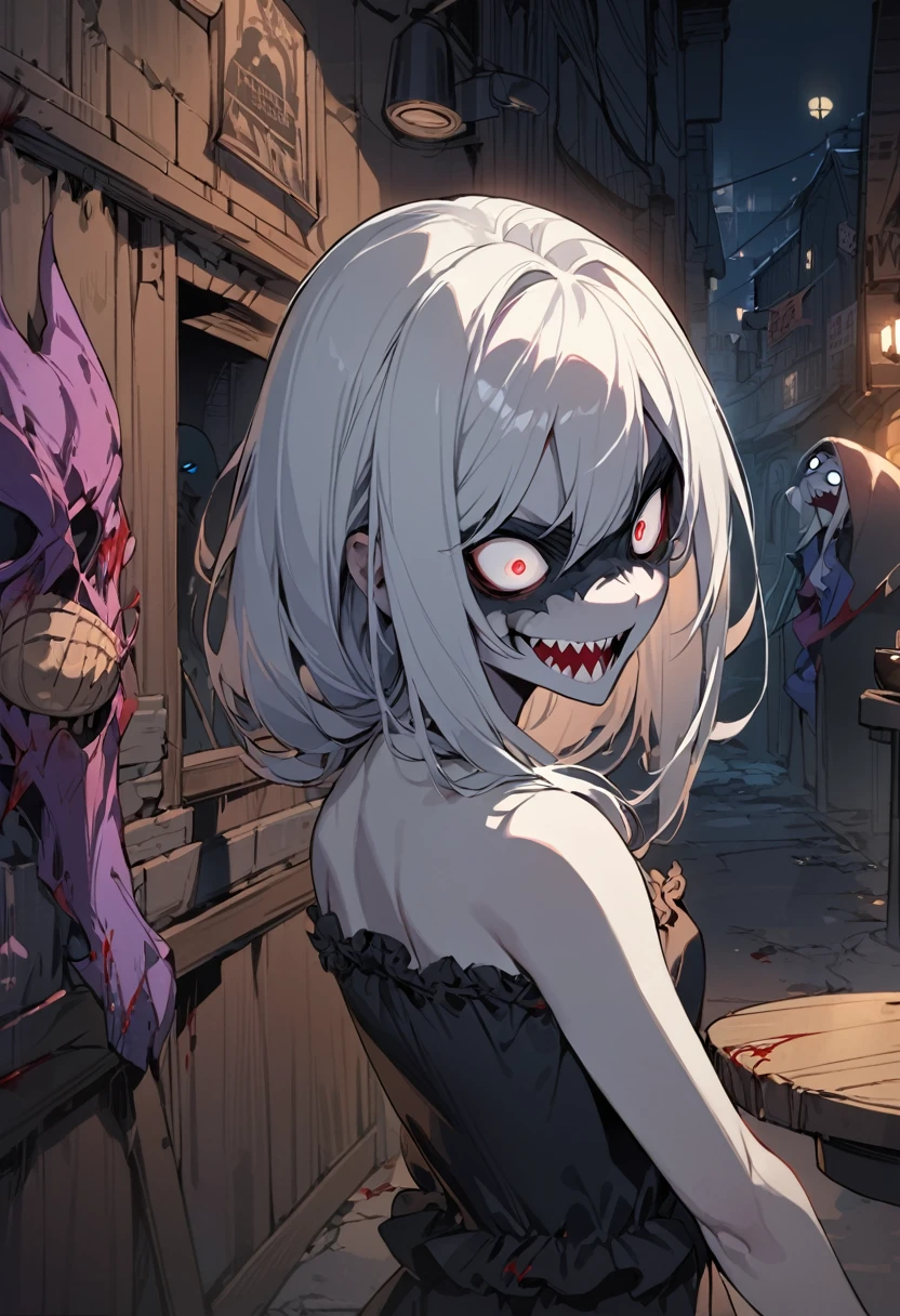 ((best quality)), ((masterpiece)), (detailed), 1girl, head should portrait, drow, dark magician girl, black makeup,(black dress),Lilith aensland, briar, (night), back alley, ((pale skin)), sharp teeth, ((small breasts)), barefoot, solo, (crazy eyes), white hair, angry, blood, tavern, evil, creepy, frills,