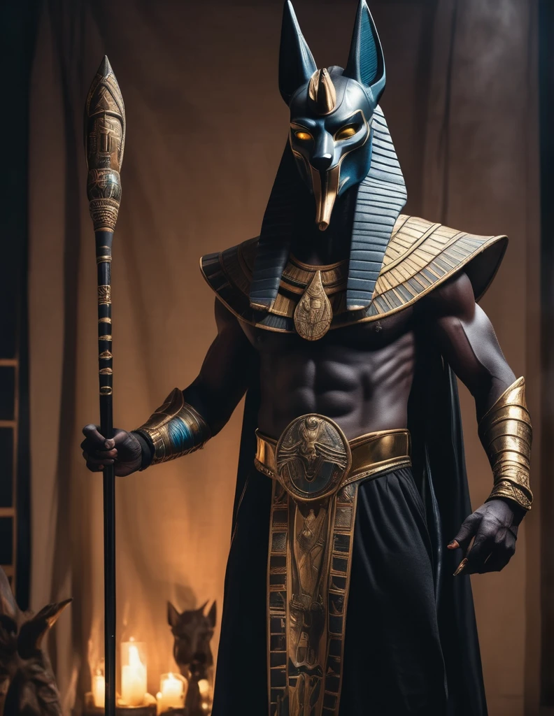 a man dressed as anubis realistic costume design, intimidating psychopathic man, anubis mask, dark energy, black costume, holding a staff , highly detailed, cinematic lighting, dramatic atmosphere, photorealistic, 8K, masterpiece