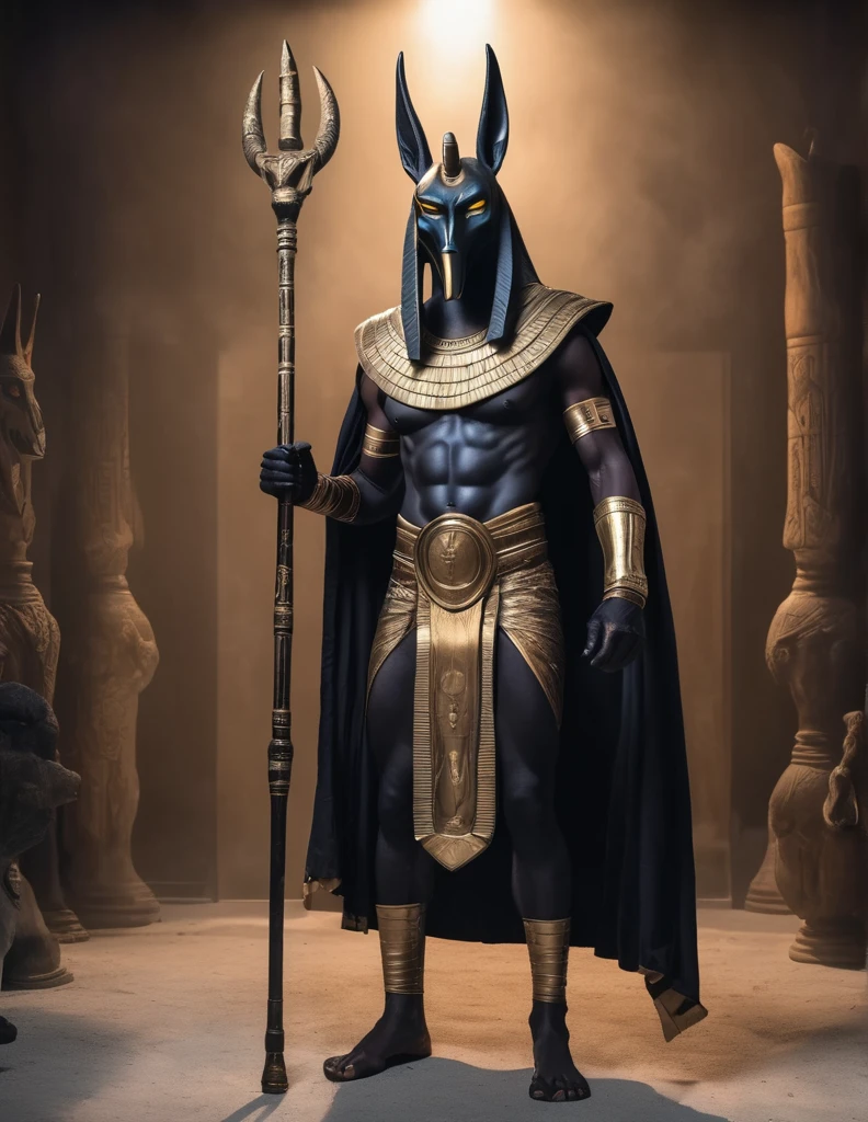 a man dressed as realistic walking dead Anubis halloween costume design, intimidating psychopathic man, anubis mask, dark energy, black costume, holding a staff, full body highly detailed, cinematic lighting, dramatic atmosphere party entrance, photorealistic, 8K, masterpiece