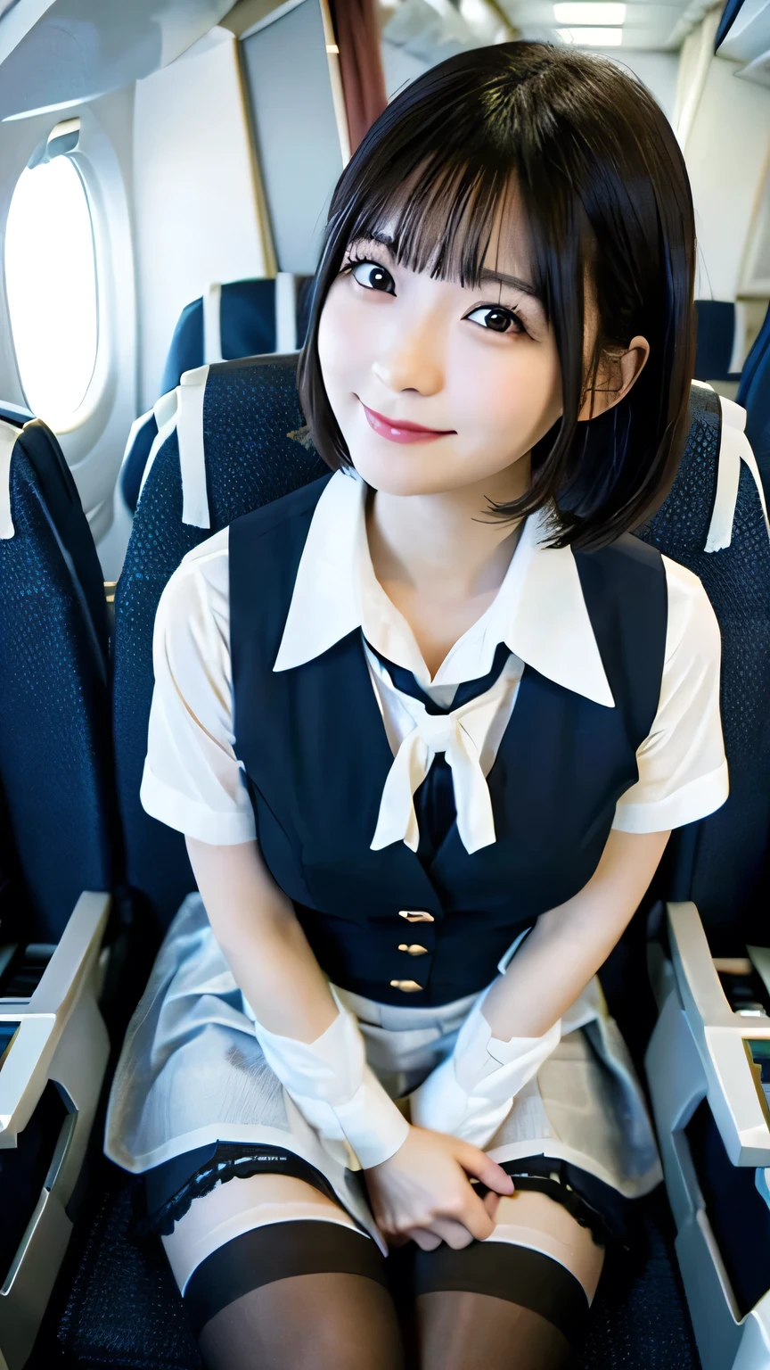 masterpiece, best quality, 1 girl, solo, 20 years old, small breasts, Perfect Face, beautiful, extremely long hair, jal uniform, airplane interior, black pantyhose, stting, seat, japanese, panty shot,squatting, spread legs