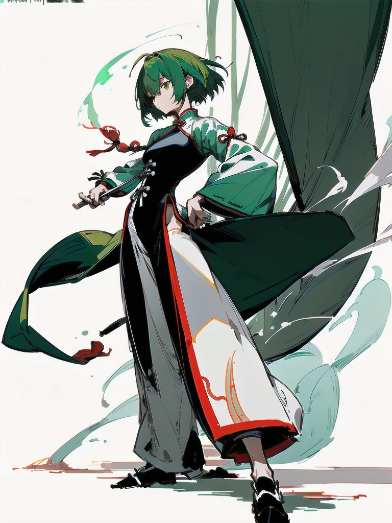 frontを向いている、Green Hair、Her hair is short、small breast、upright stance、full body、Fighter、Uniform、Chinese Knight、Chinese style、White background、Simple Background、No exposure、China dress、pants、band、front、White clothes、Kung Fu、slender