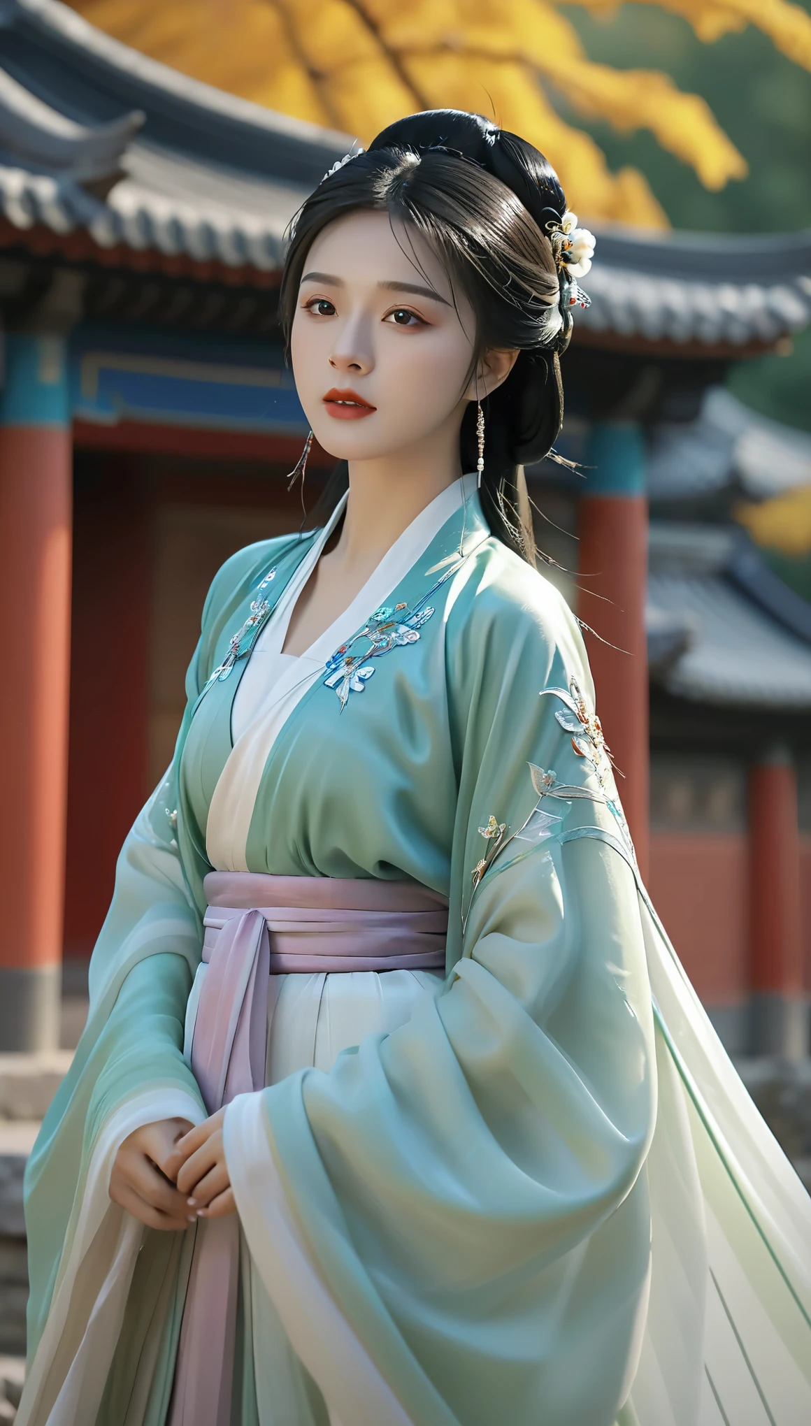 Ultra realistic, Intricate, Epic movie scene),1girl,hanfu,full body,(huge breasts:1.7), casting an otherworldly radiance on its surroundings,(Intricate, Lots of tiny details, amazing lighting, amazing setting),(Colorful, Ultra Realistic, High quality, Highly detailed, Sharp focus, 8K UHD, Ultra realism，(smile:0.3)