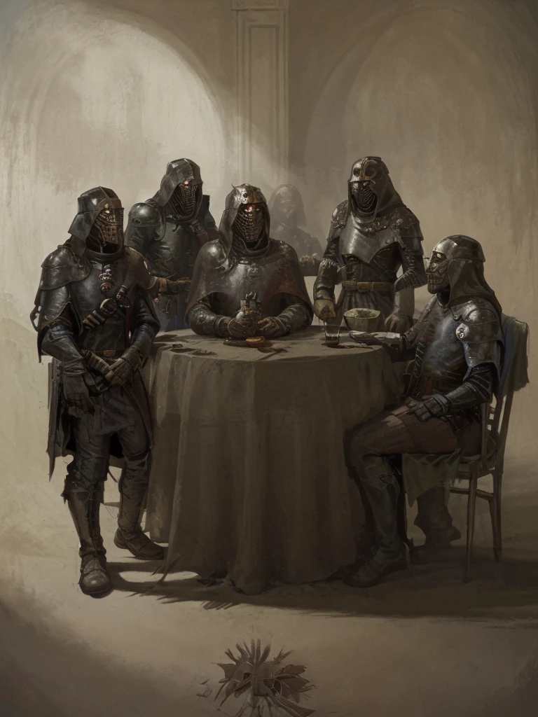 Knights Templar, gathered at a table, greeting.