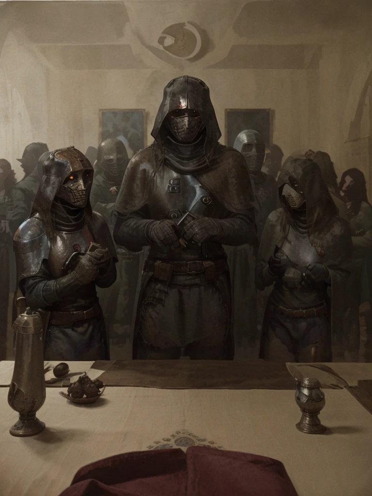 Knights Templar, gathered at a table, greeting.