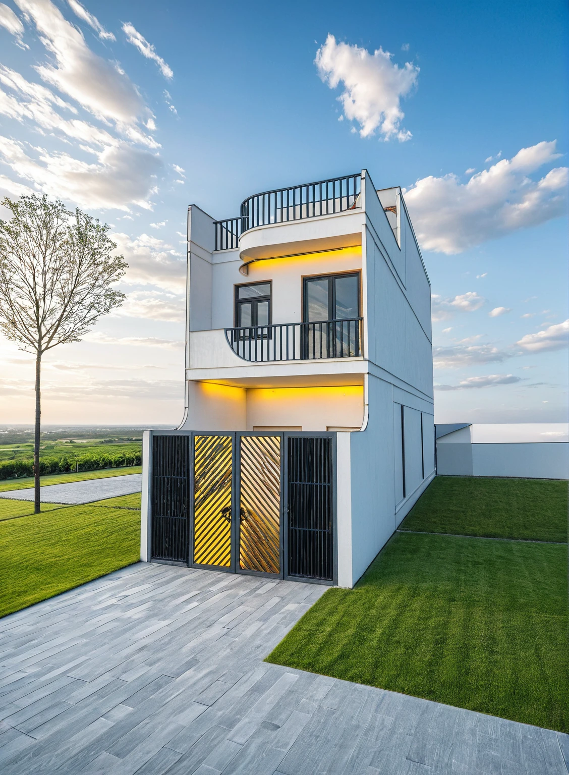 Masterpiece, high quality, best quality, authentic, super detail, outdoors, onestoreyvillaXL, aiaigroup, house style modern on the street ,stairs, white wall ,road,pavement, grass, trees, sky, cloud, (daylight:1.1)