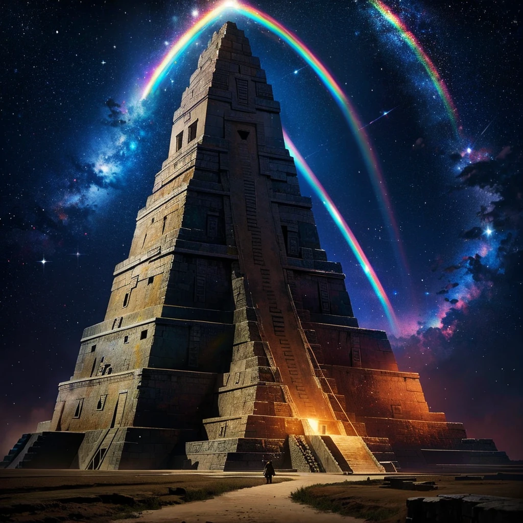 grand father commander, with a broom in the hand, Mayan calendar, Mayan pyramid with a galactic rainbow. HD