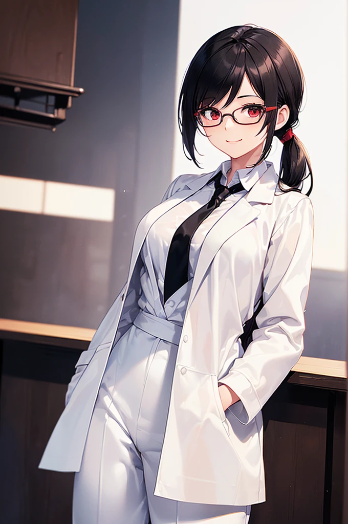 (masterpiece; best quality: 1.2), (finely detailed eyes: 1.3), ((25 year old woman)), ((solo)), (red eyes: 1.4), (body; gorgeous, lithe, femenine: 1.3), (black hair in low-ponytail: 1.3), (beautiful and clear background: 1.2), ((depth of field)), (equipment: white unbuttoned labcoat + black shirt + white tie + white pants + black square glasses: 1.3), (anime illustration: 1.2), (background composition; japanese highschool classroom + furniture: 1.1), (extremely fine and beautiful: 1.1), (shot composition; standing + centered on torso + close-up: 1.5), (expression; calm, smile: 1.2)