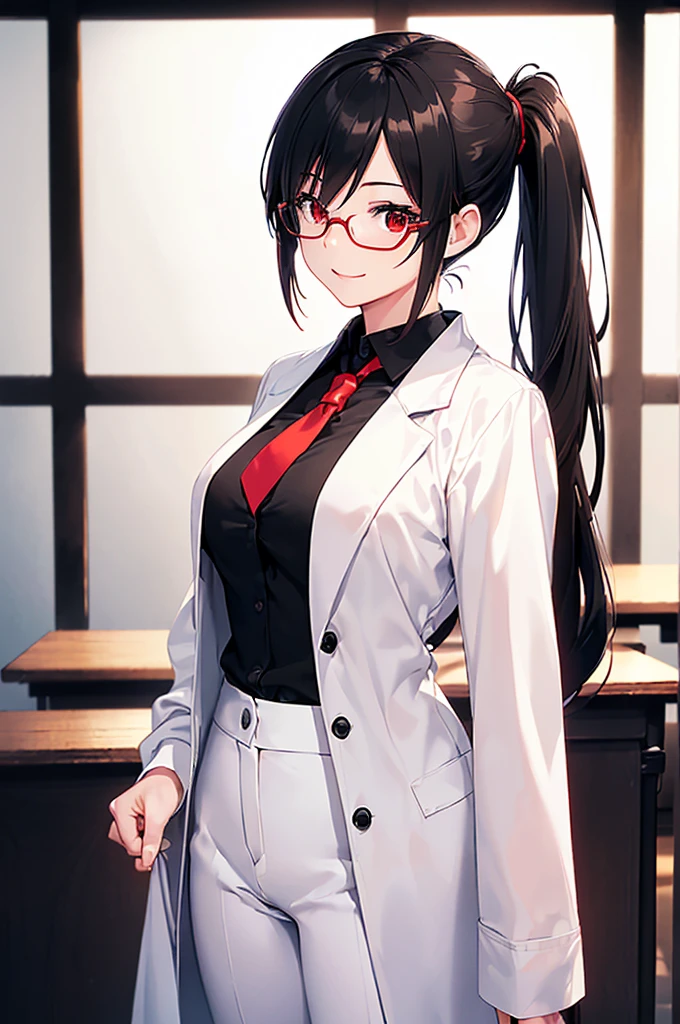 (masterpiece; best quality: 1.2), (finely detailed eyes: 1.3), ((25 year old woman)), ((solo)), (red eyes: 1.4), (body; gorgeous, lithe, femenine: 1.3), (black hair in low-ponytail: 1.3), (beautiful and clear background: 1.2), ((depth of field)), (equipment: white unbuttoned labcoat + black shirt + white tie + white pants + black square glasses: 1.3), (anime illustration: 1.2), (background composition; japanese highschool classroom + furniture: 1.1), (extremely fine and beautiful: 1.1), (shot composition; standing + centered on torso + close-up: 1.5), (expression; calm, smile: 1.2)