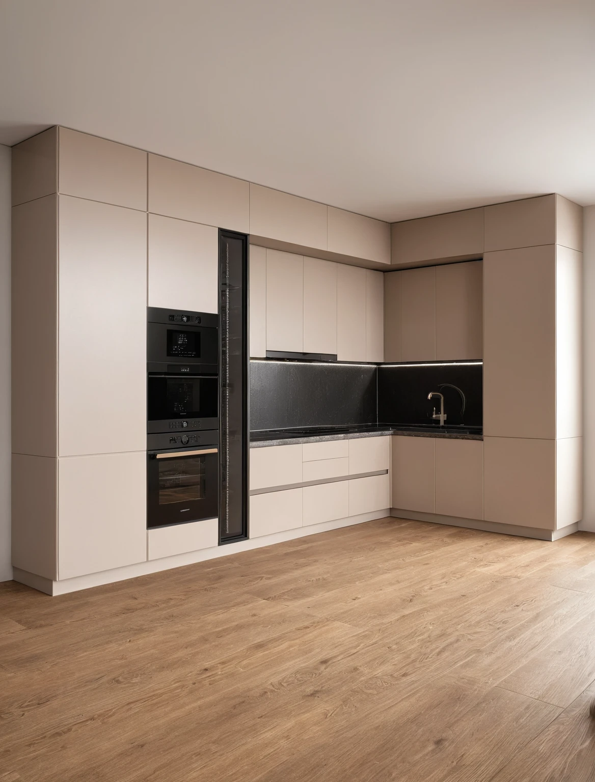 Raw photo,Masterpiece, high quality, best quality, authentic, super detail, interior , sunset, daylight, Kitchen Cabinets style modern, Induction cooker, sink, faucet, oven, built-in microwave, wooden floor, hood, wine cabinet, 