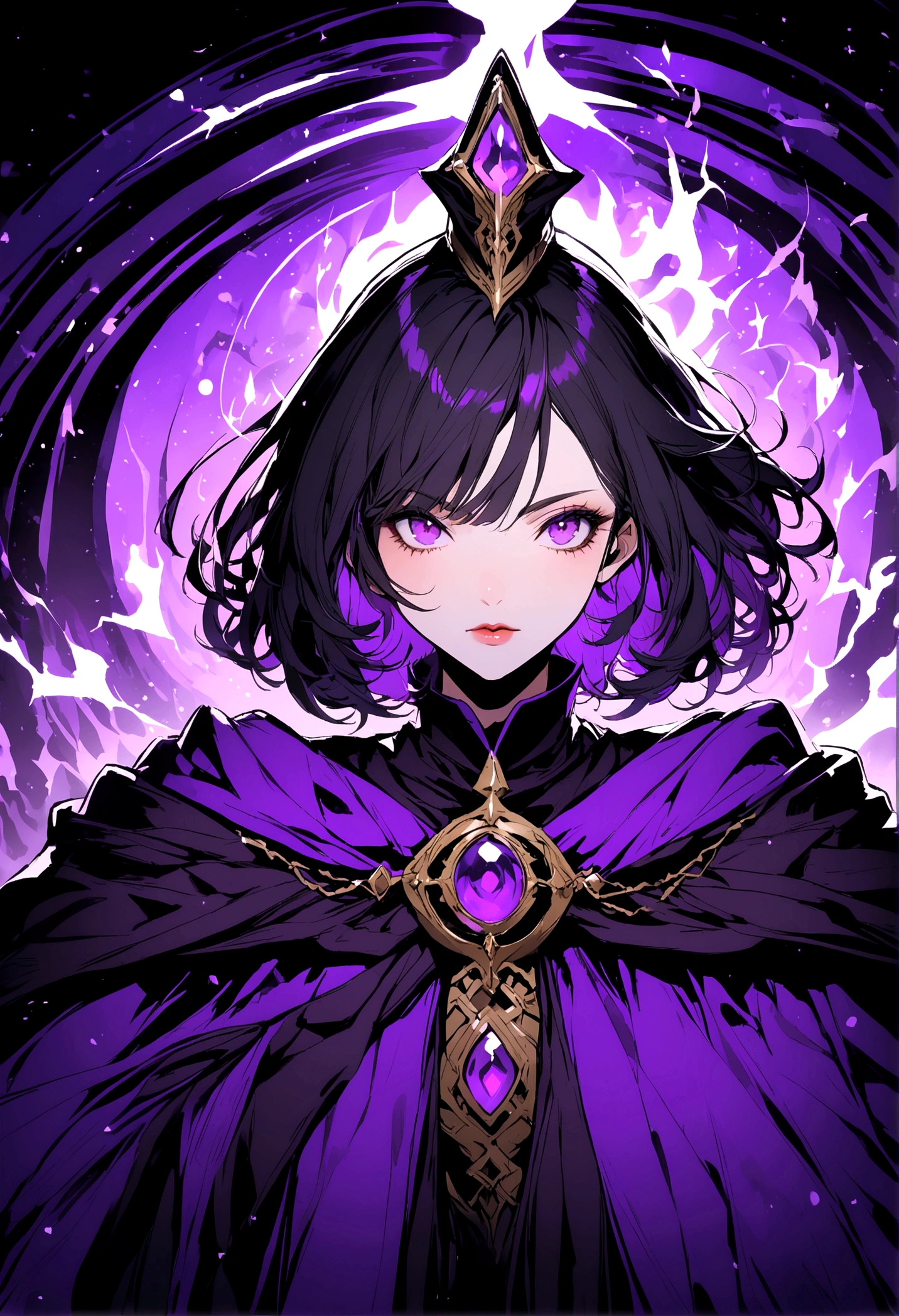 Wizard,Black Hair,Short Hair,Purple Eyes,woman,Purple long skirt