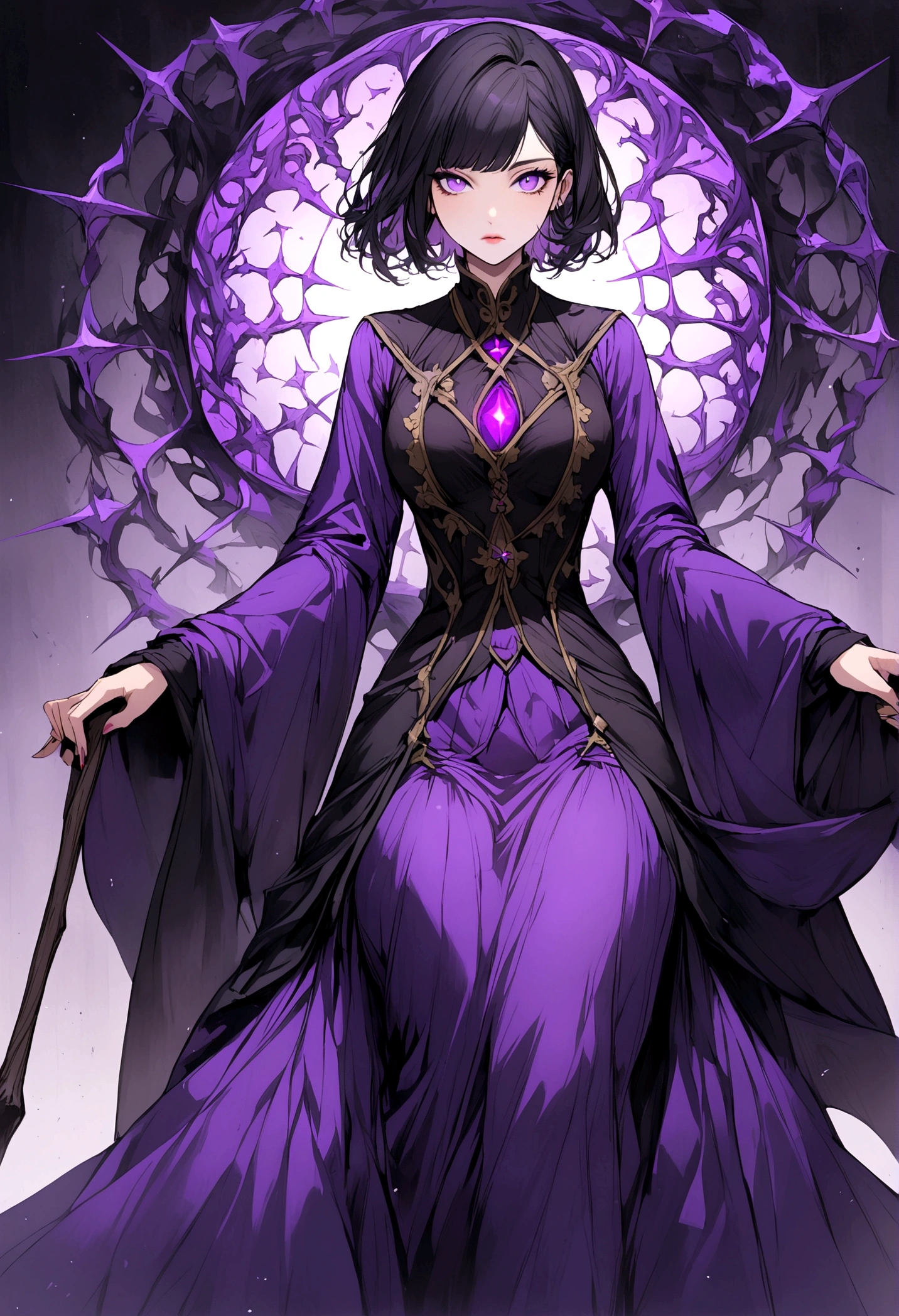 Wizard,Black Hair,Short Hair,Purple Eyes,woman,Purple long skirt