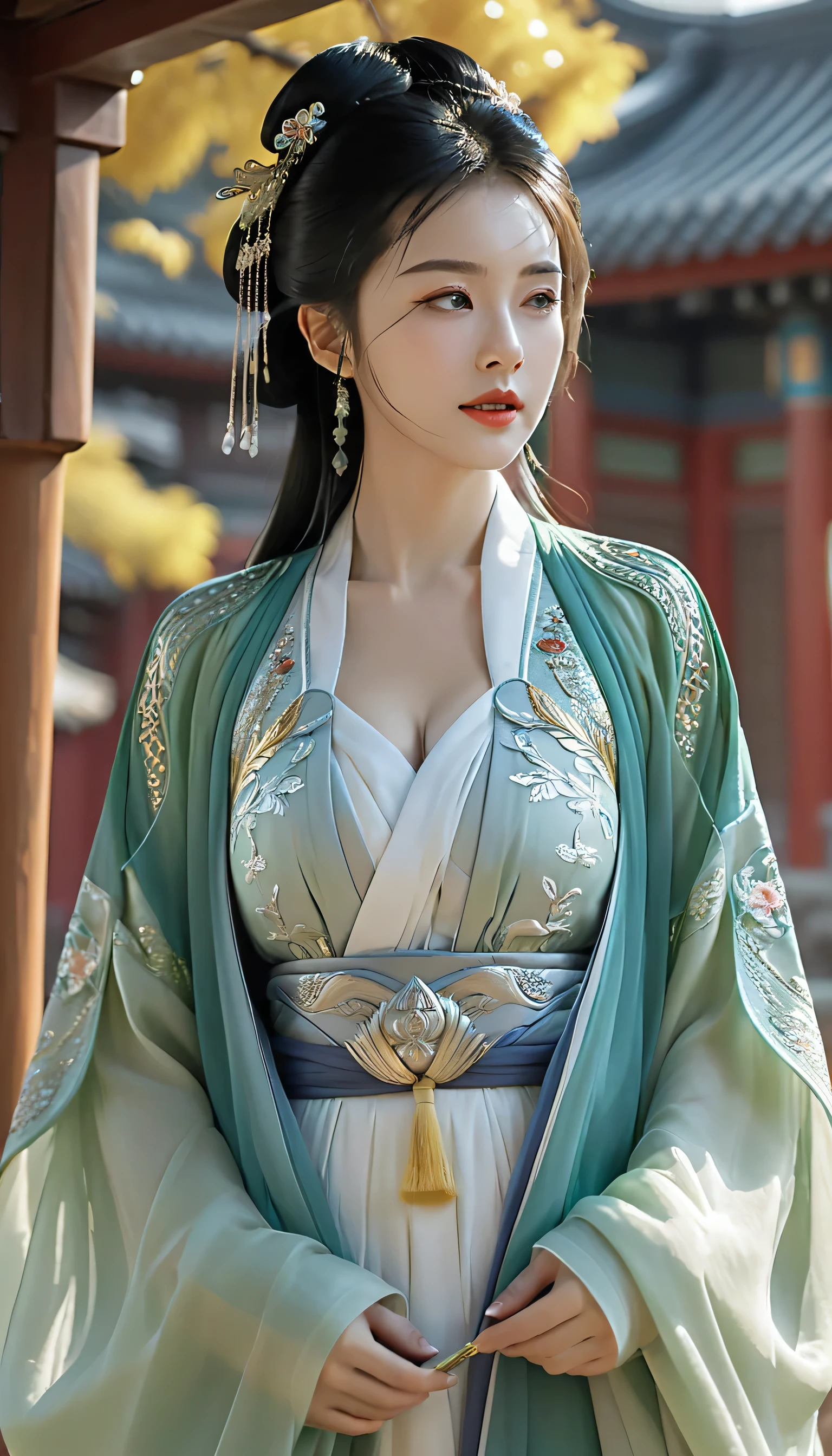 Ultra realistic, Intricate, Epic movie scene),1girl,hanfu,full body,(huge breasts:1.7), casting an otherworldly radiance on its surroundings,(Intricate, Lots of tiny details, amazing lighting, amazing setting),(Colorful, Ultra Realistic, High quality, Highly detailed, Sharp focus, 8K UHD, Ultra realism，(smile:0.3)