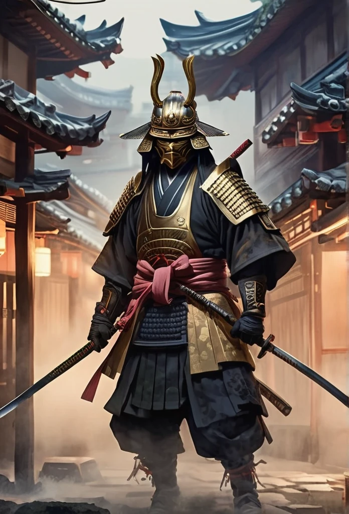 A Japanese warrior ronin with magnificent mask in portrait, the atmosphere is heavy and sad. It's very detailed and in the atmosphere of the old quarter of the time