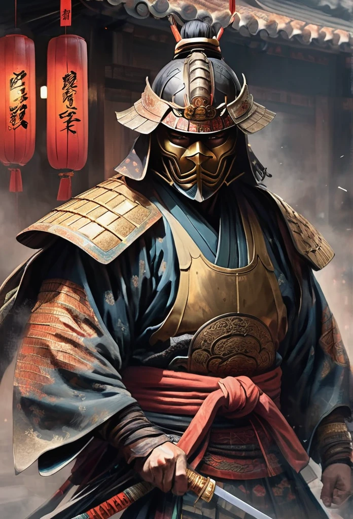 A Japanese warrior ronin with magnificent mask in portrait, the atmosphere is heavy and sad. It's very detailed and in the atmosphere of the old quarter of the time