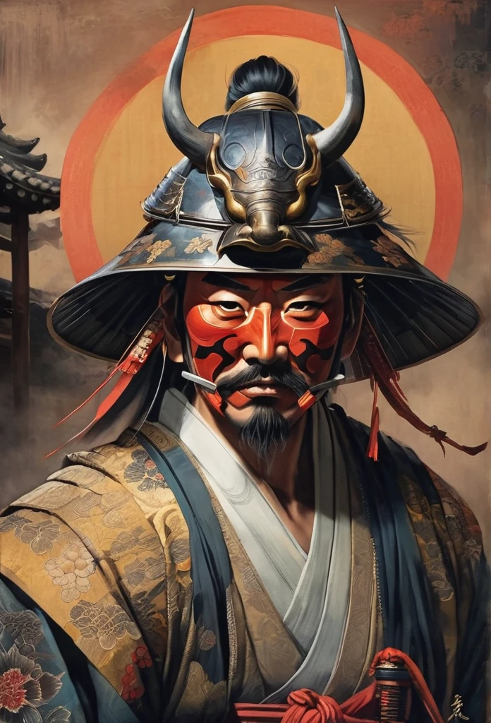 A Japanese warrior ronin with magnificent mask in portrait, the atmosphere is heavy and sad. It's very detailed and in the atmosphere of the old quarter of the time