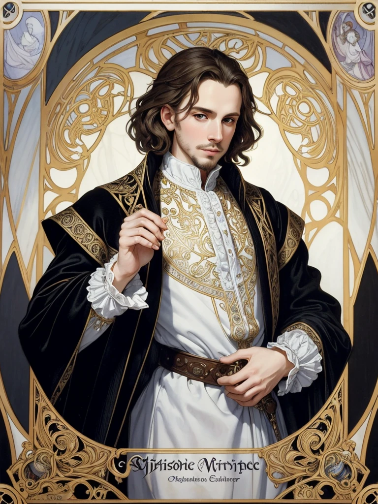Portrait of Christopher Marlowe, white skin, piercing icy blue eyes, silky golden-brown hair, refined features, charp jawline, clean shaved, black Elizabethan velvet jerkin, white laced shirt, Art Nouveau style, Mucha style, Mucha background, realism, high quality