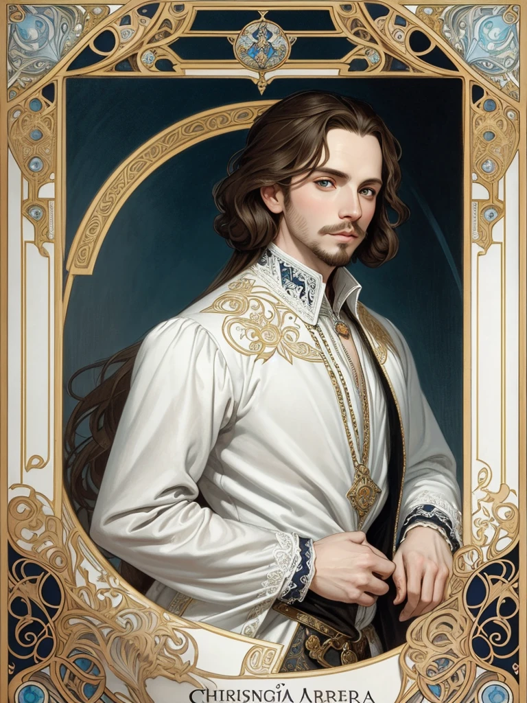 Portrait of Christopher Marlowe, white skin, piercing icy blue eyes, silky golden-brown hair, refined features, charp jawline, clean shaved, black Elizabethan velvet jerkin, white laced shirt, Art Nouveau style, Mucha style, Mucha background, realism, high quality