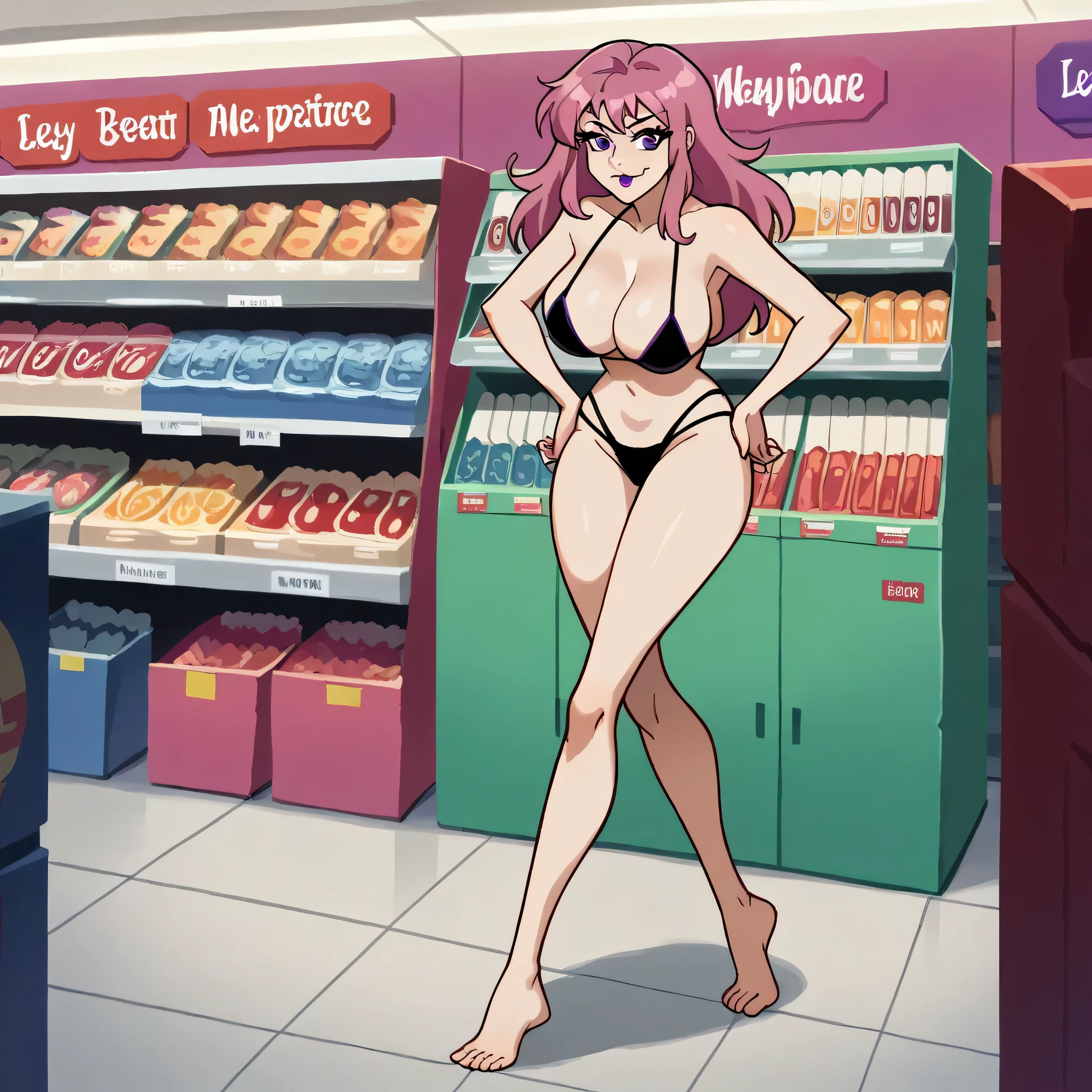 Masterpiece, best quality, Masterpiece, best quality, 1 woman , pink hair , purple eyes , sly face , black bikini , big breasts , abdomen , Long legs , Put your hands on your hips...... , Barefoot , full body , convenience store ,
