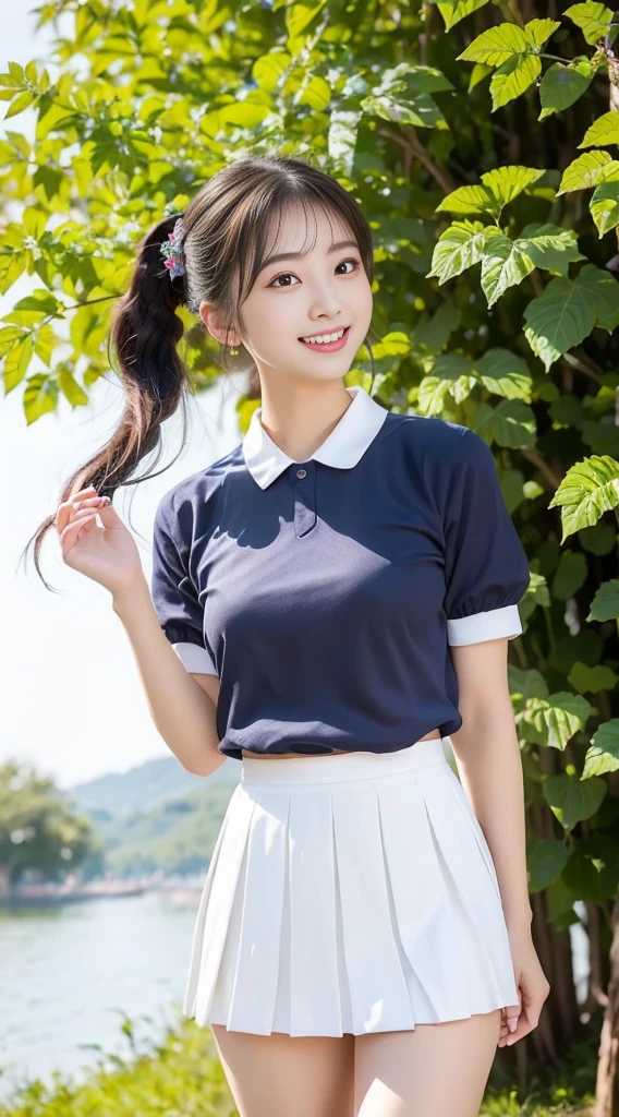 (Highest quality、Ultra-high resolution、８ｋ、masterpiece:1.3)、Beautiful woman with perfect figure:1.4、Black Hair、(ponytail)、((((School Uniform))))、Big eyes、Flashy uniforms、（high school girl）、(Navy blue pleated skirt)、Ultra mini skirt、（(((Angle from below)))、A beautiful woman、Schoolカバン、Highly detailed face and skin、Detailed eyes、Shiny thighs、double eyelid、Thin legs、The best smile、(((１people)))、Beautiful views、School、beautiful place、The best smile、Extraordinarily beautiful girl、Age: 16、Perfect Proportions、whole body、((blue sky))、Baby Face、Touch your hair with your hands、The wind is blowing、wave hands、((I can see her panties))、(White panties)、(((Skirt that flips up)))、